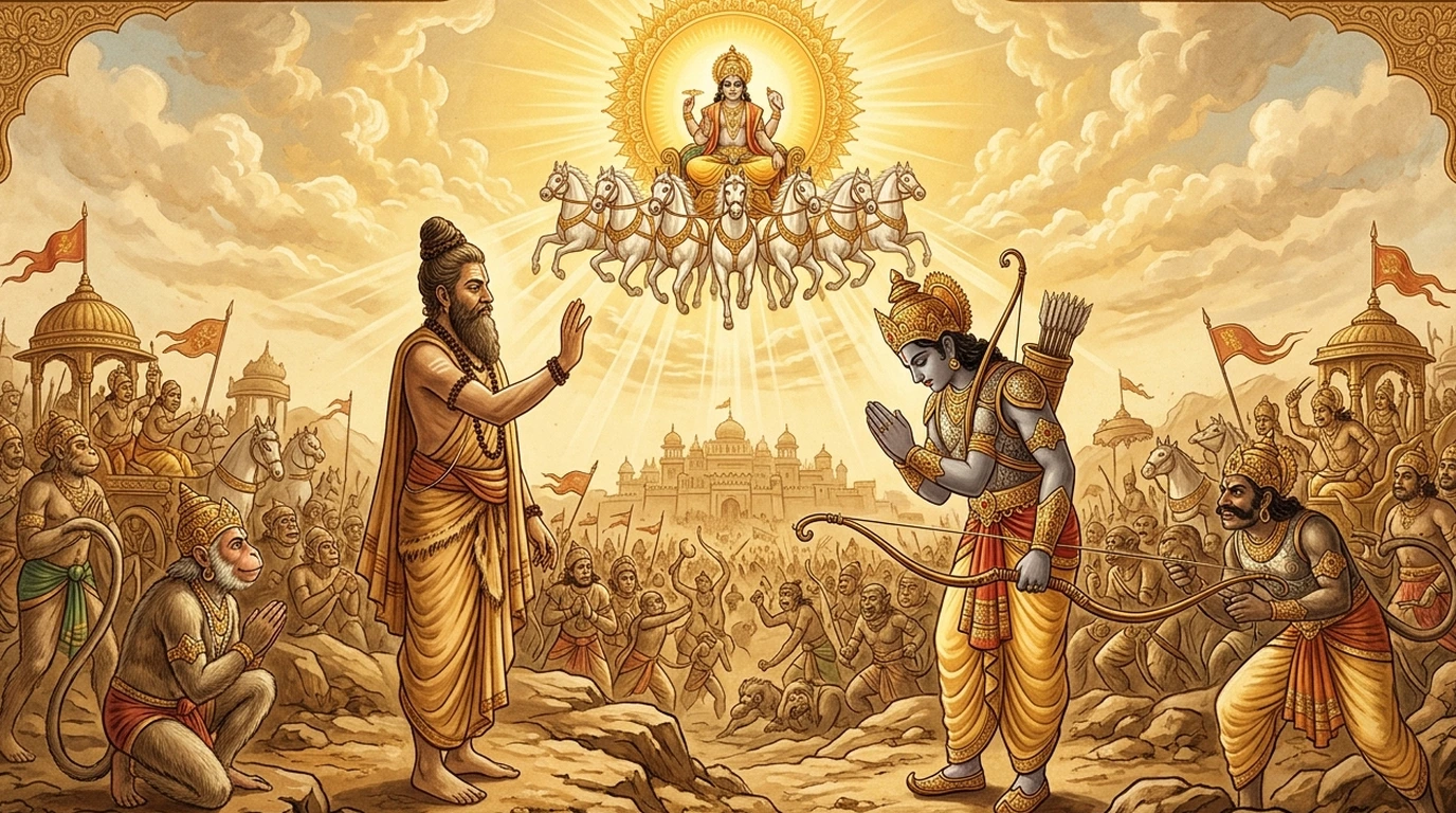 Sage Agastya imparting Aditya Hridayam to Sri Rama Classical Painting