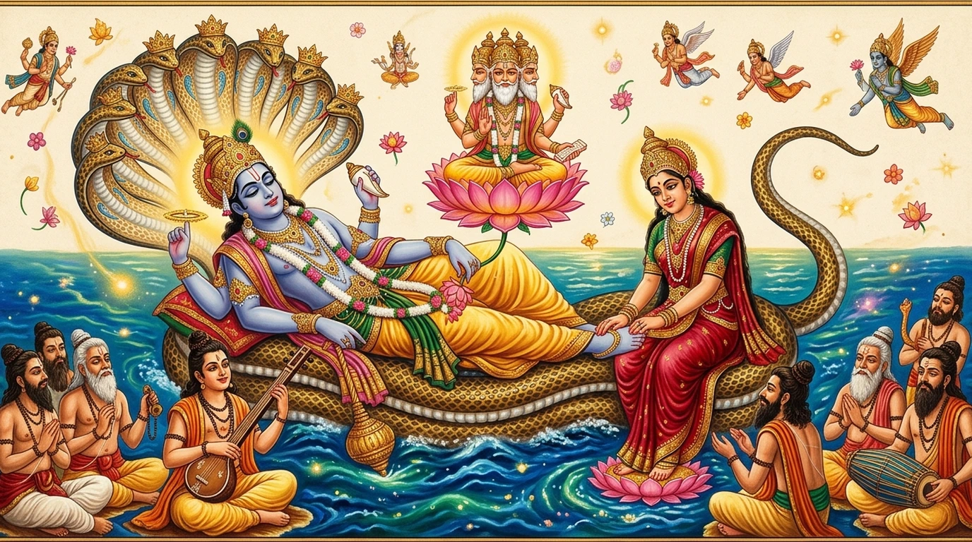 Lord Vishnu on Sheshanaga Vishnu Sahasranama Classical Painting