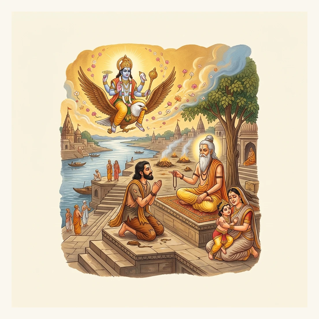 Truthful King Hariścandra at Kāśī guided by Sage Gautama, reunited with family by Lord Viṣṇu’s grace