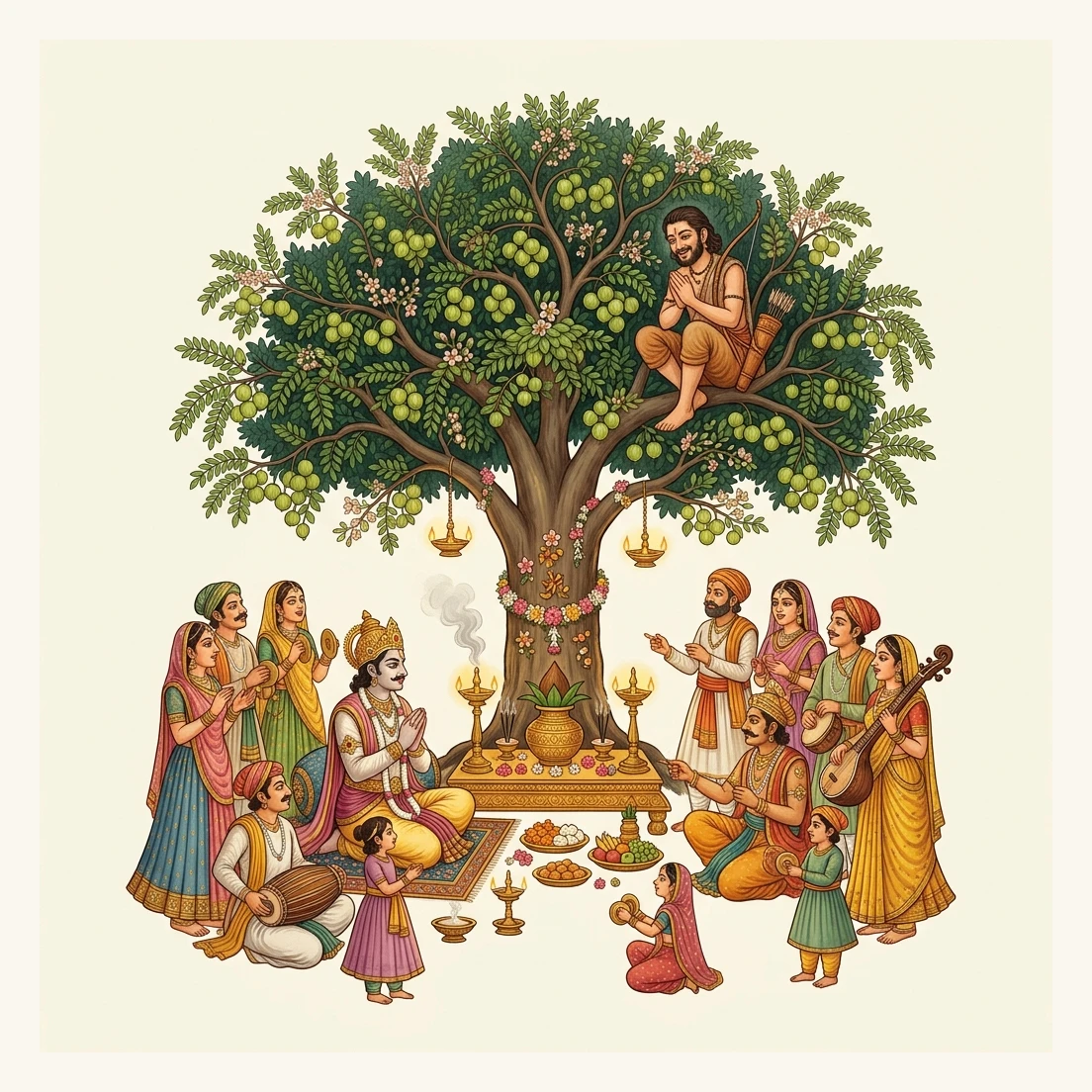 King Caitraratha and citizens keeping night vigil beneath the sacred blooming Āmalakī tree