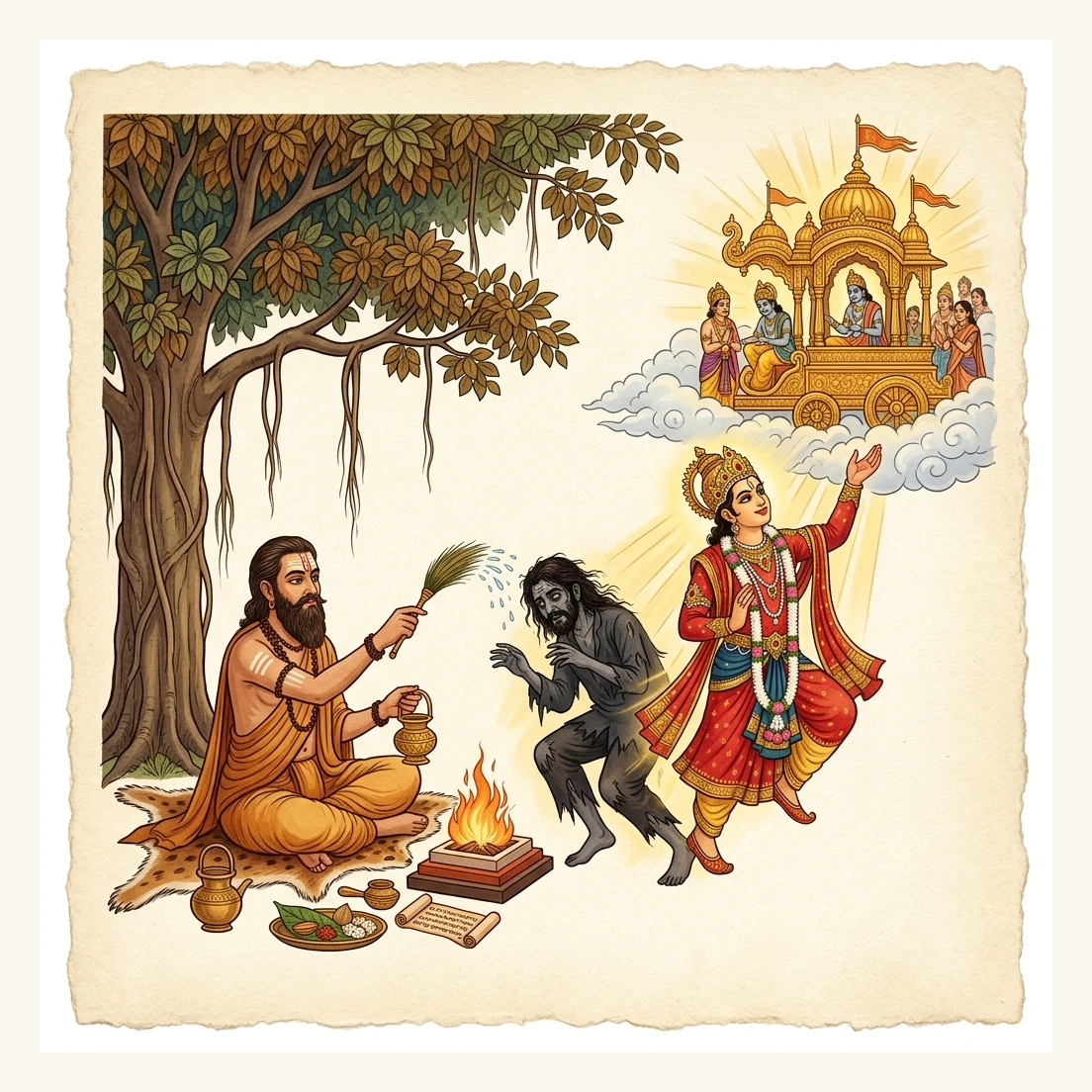 Sage Dhaumya liberating King Mahīdhvaja from a spirit form into a celestial chariot