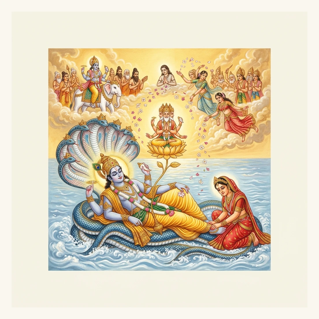 Lord Viṣṇu entering cosmic Yoga Nidrā on Ananta Śeṣanāga with Goddess Lakṣmī as Cāturmāsya begins