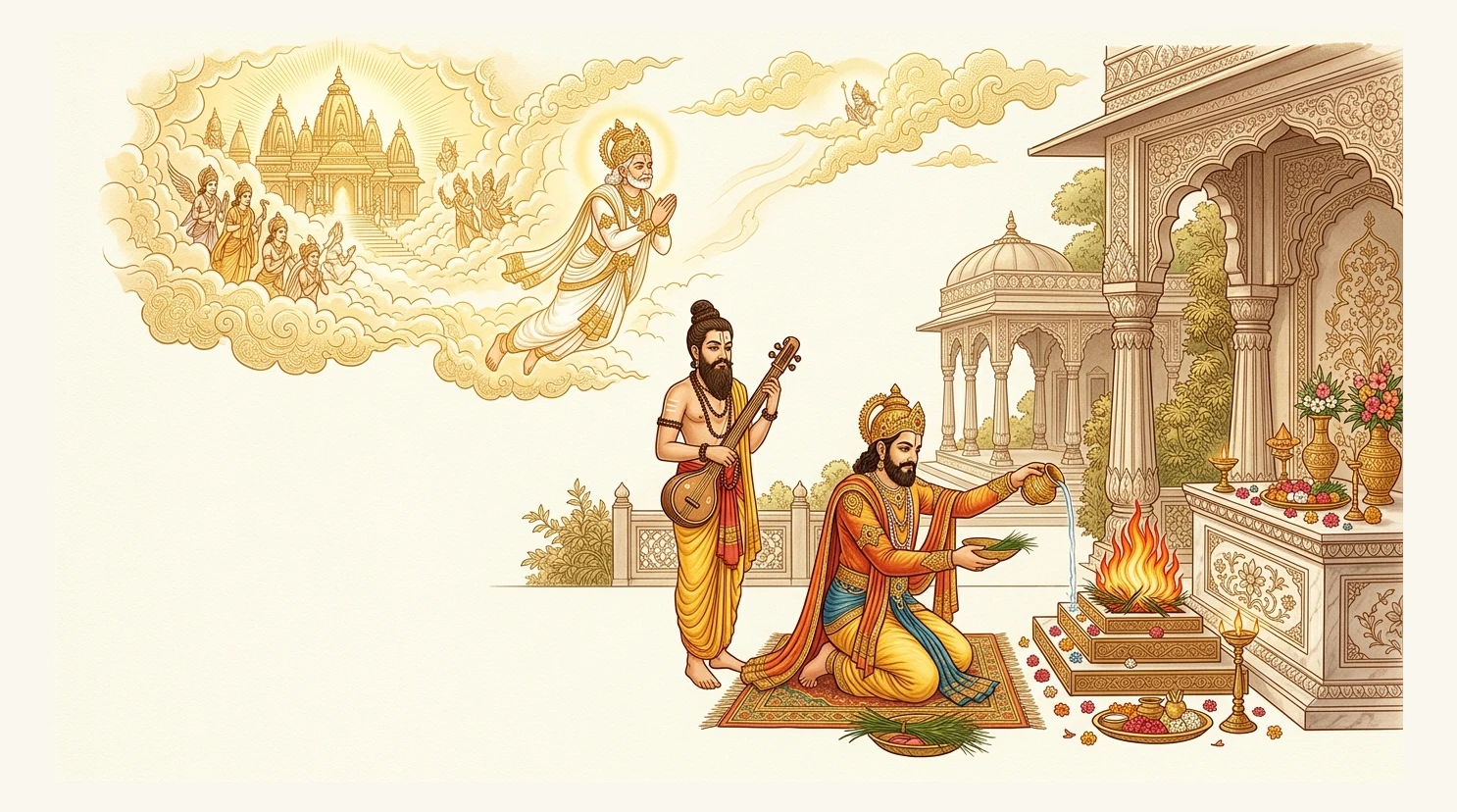 King Indrasena performing tarpaṇa alongside Devarṣi Nārada to liberate his father to Vaikuṇṭha