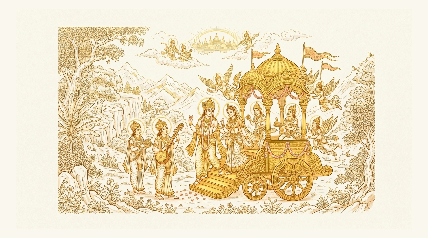 Mālyavān and Puṣpavatī liberated from a piśāca curse ascending to Vaikuṇṭha in a celestial chariot