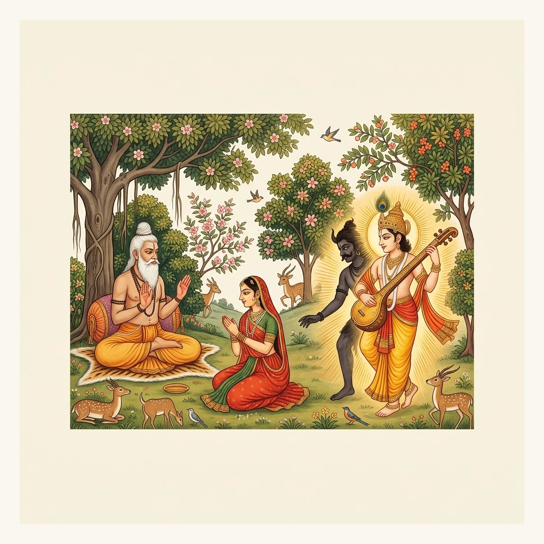 Devoted Lalitā receiving the vow from Sage Śṛṅgī as her husband is restored to celestial form