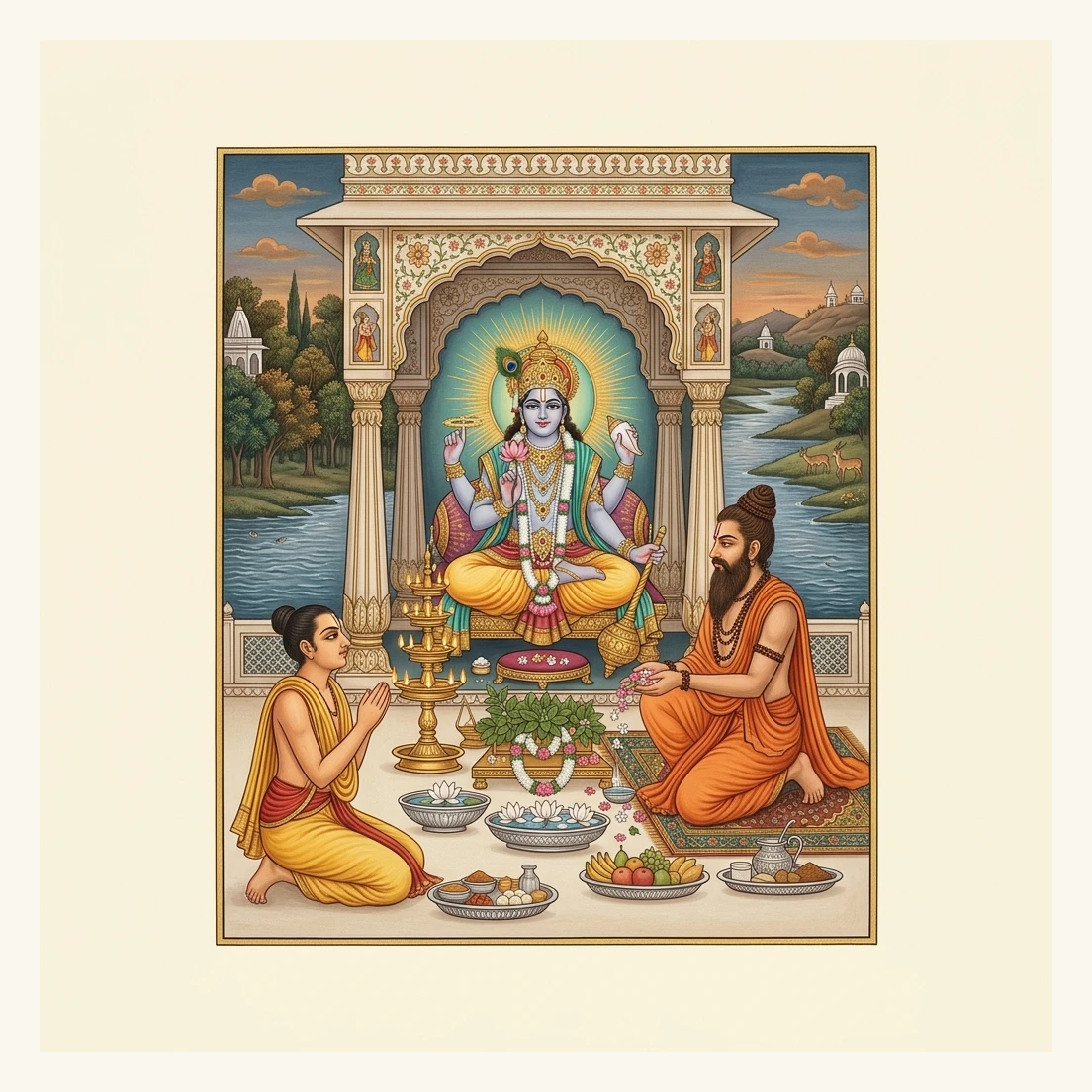 Devotees offering fresh Tulasī and lamps to Lord Śrīdhara Hari in a riverside temple