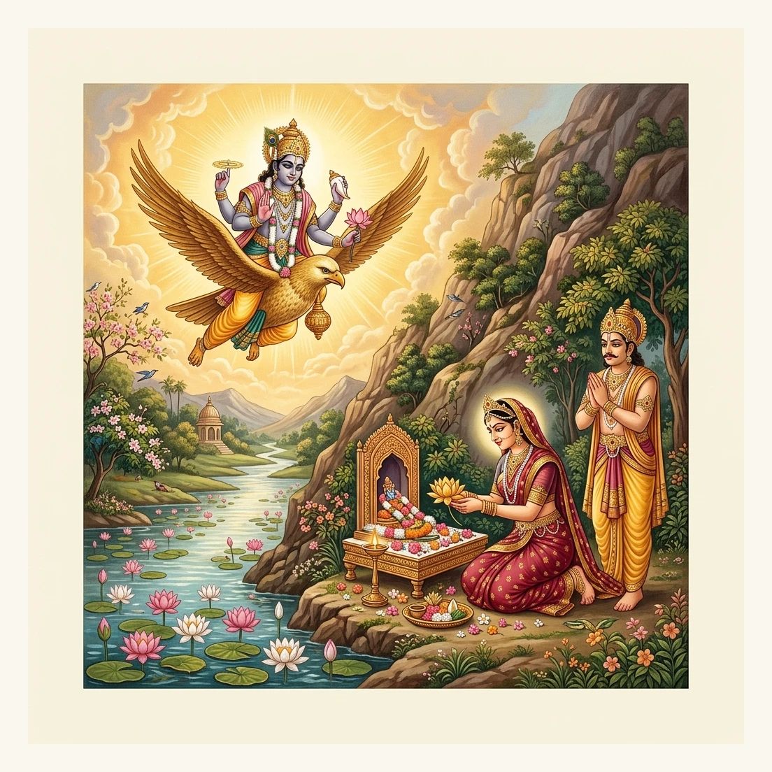 Queen Padminī offering 108 golden lotuses in a mountain lake during Adhika Māsa before Lord Keśava on Garuḍa
