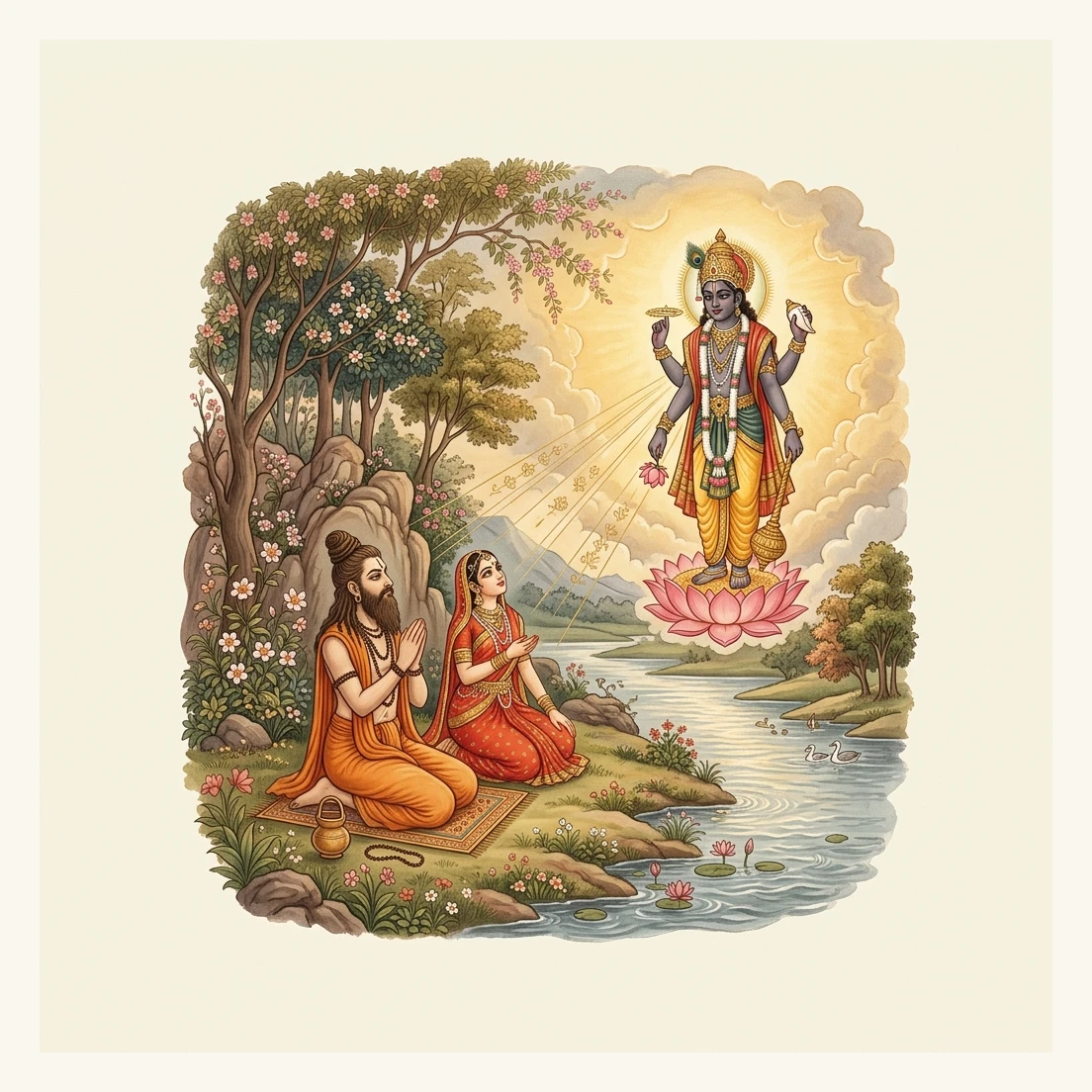 Sage Medhāvī and apsarā Mañjughoṣā purified by Lord Viṣṇu on the banks of river Candrabhāgā