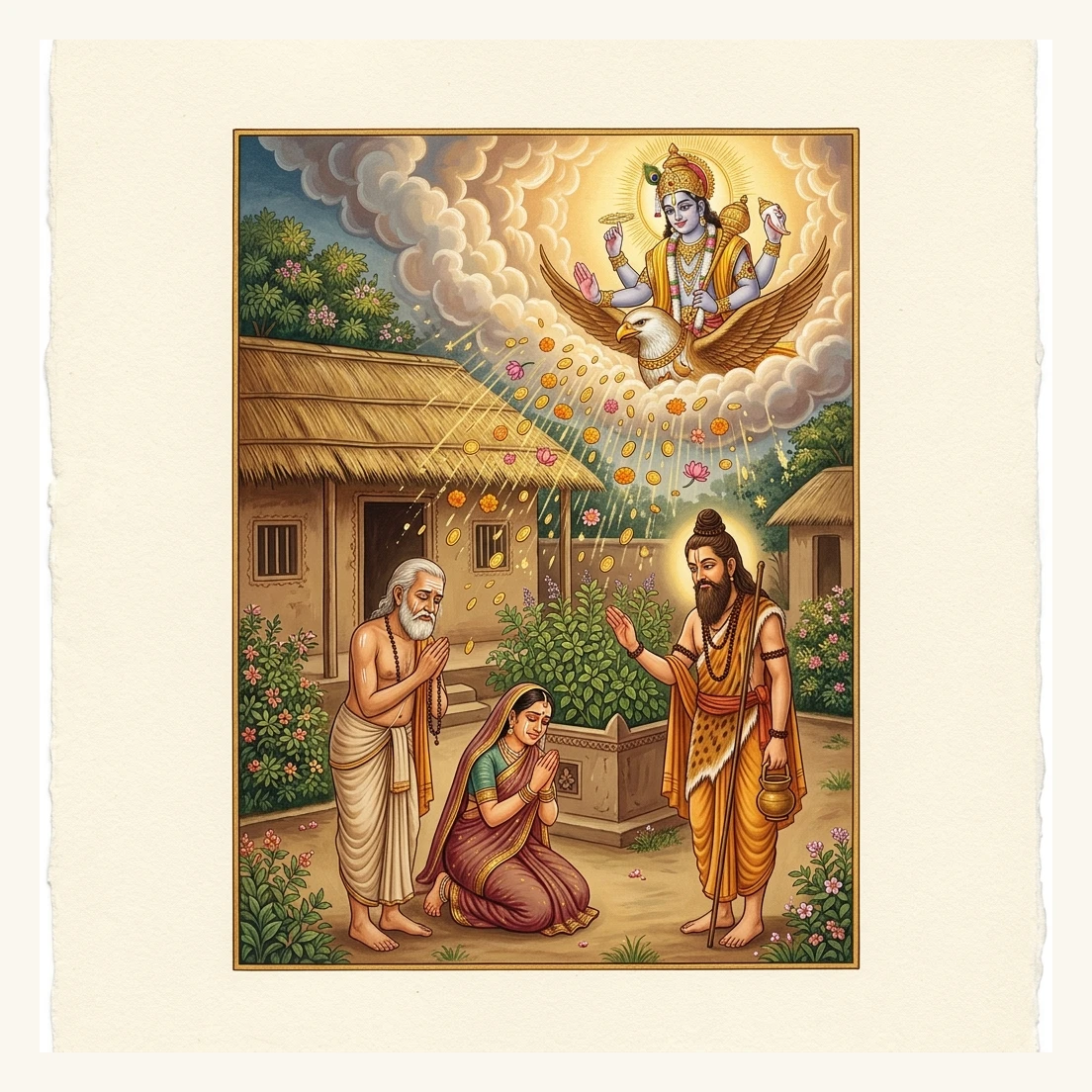 Pious brāhmaṇa Sumedhā and Pavitrā blessed with golden shower of wealth by Sage Kauṇḍinya and Lord Viṣṇu