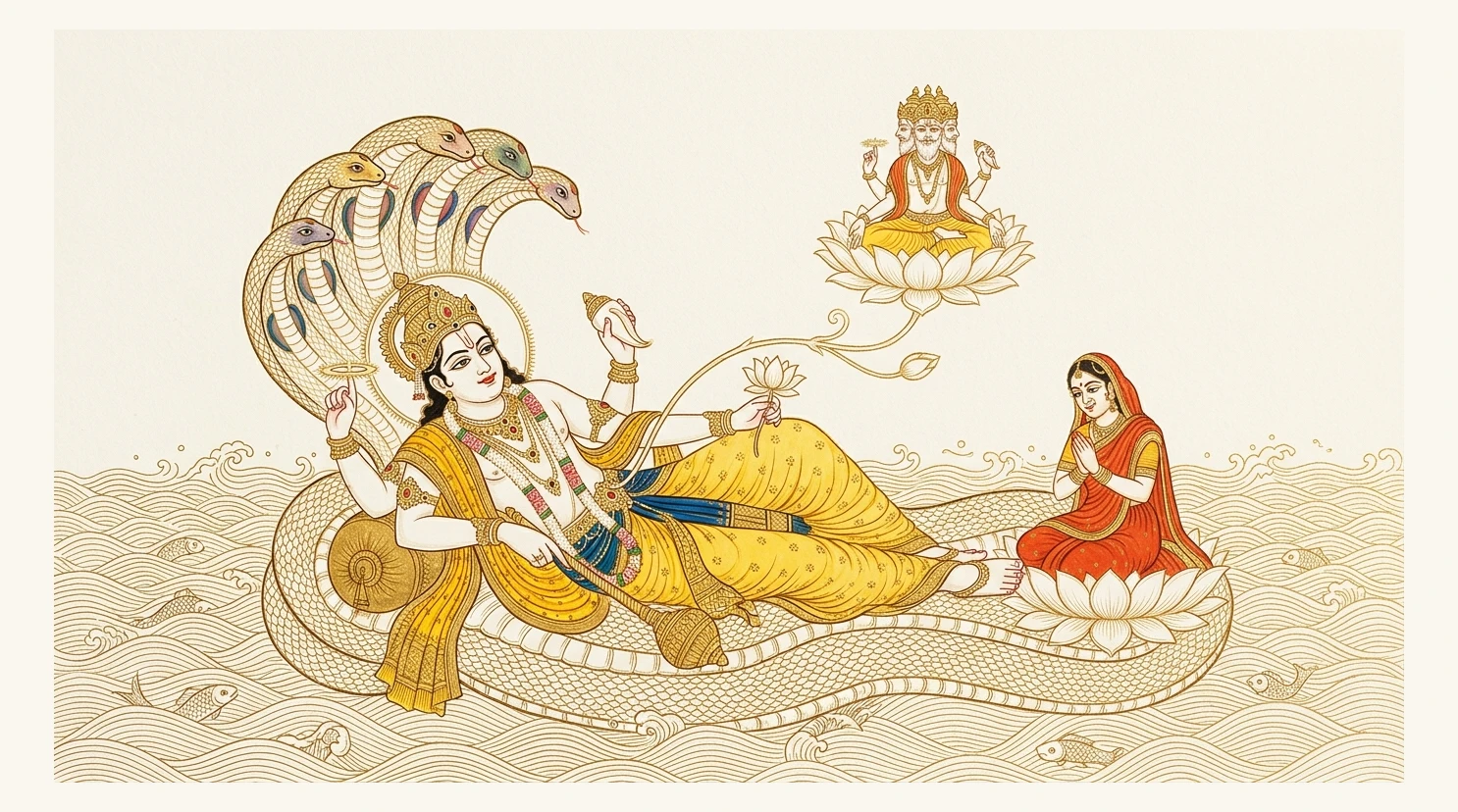 Lord Viṣṇu gently turning from His left side to His right side on Śeṣanāga in the milk ocean
