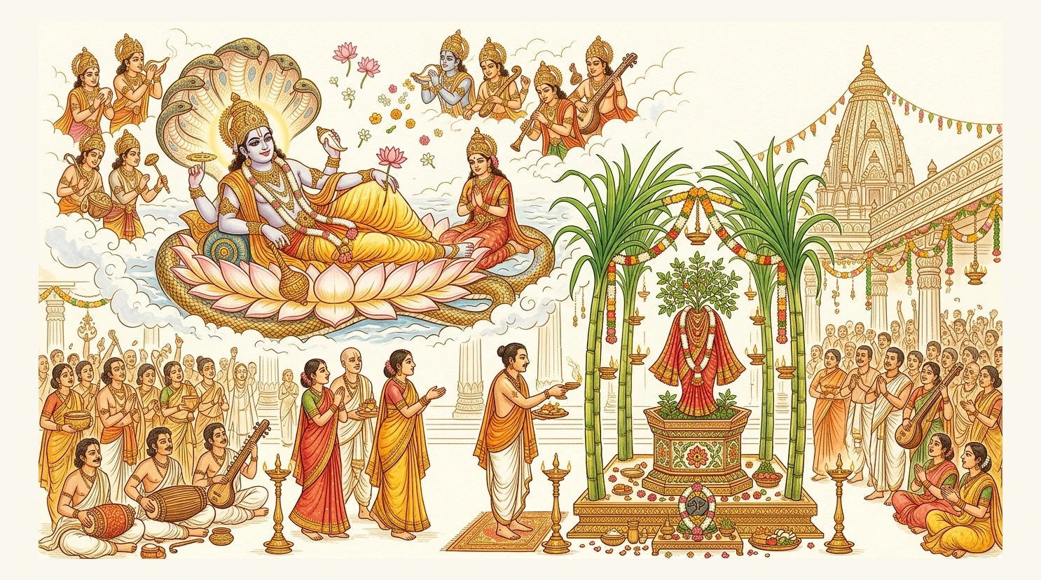 Lord Viṣṇu awakening from His four-month cosmic slumber with sounding of celestial conches and Tulasī Vivāha