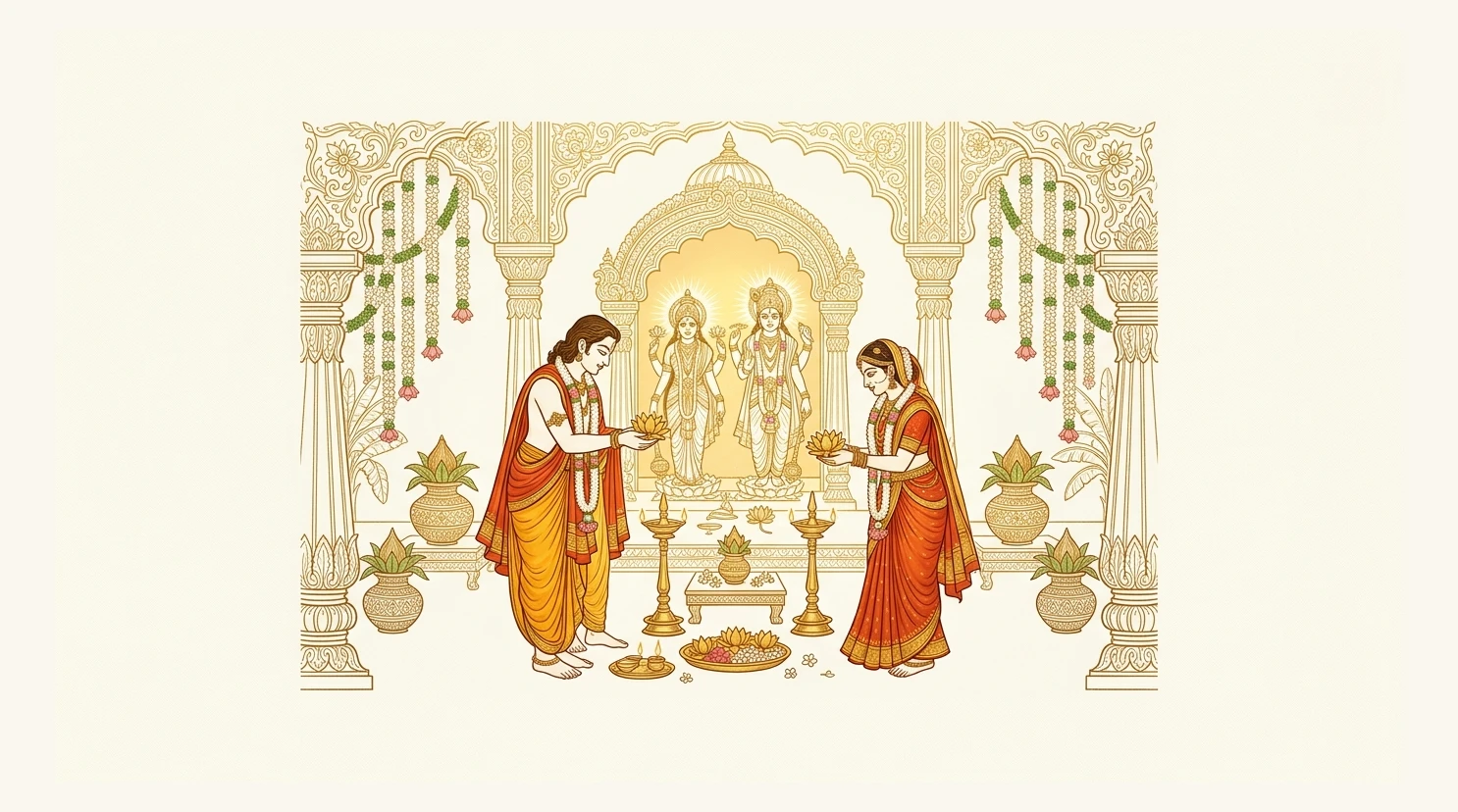 Princess Candrabhāgā and Prince Śobhana offering golden lotuses before Goddess Ramā and Lord Keśava