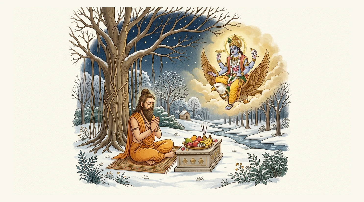 Prince Lumpaka beneath the sacred banyan tree offering wild fruits to Lord Nārāyaṇa