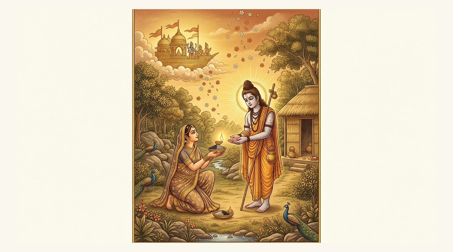 Ascetic woman offering sacred sesame seeds to Lord Viṣṇu disguised as a mendicant