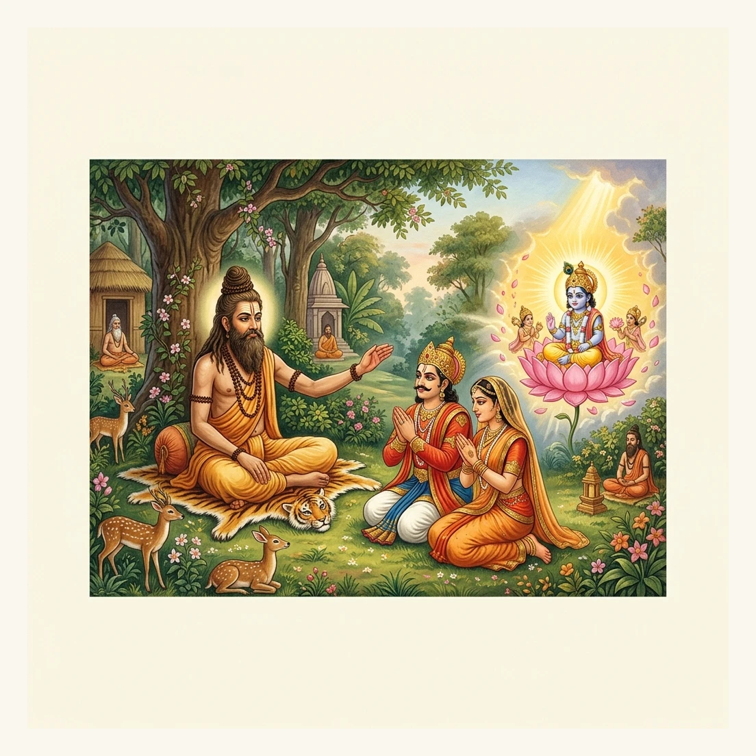 Sage Lomaśa in the forest ashram blessing King Mahījit and his Queen with a virtuous son