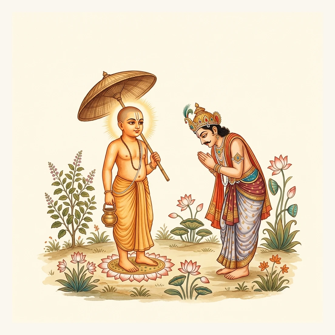 Lord Vāmana holding palm-leaf umbrella and kamaṇḍalu bestowing armor of grace upon King Māndhātā