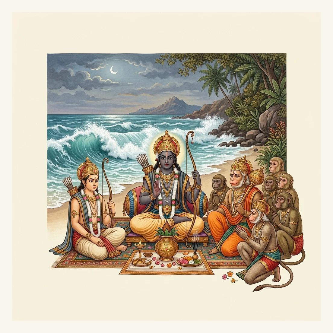 Lord Śrī Rāma, Lakṣmaṇa, and Vānara heroes worshipping the sacred kalasha on the ocean shore