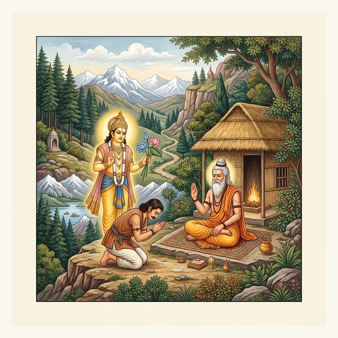 Yakṣa Hemamālī prostrating before Sage Mārkaṇḍeya in the Himālayas to receive the healing vow