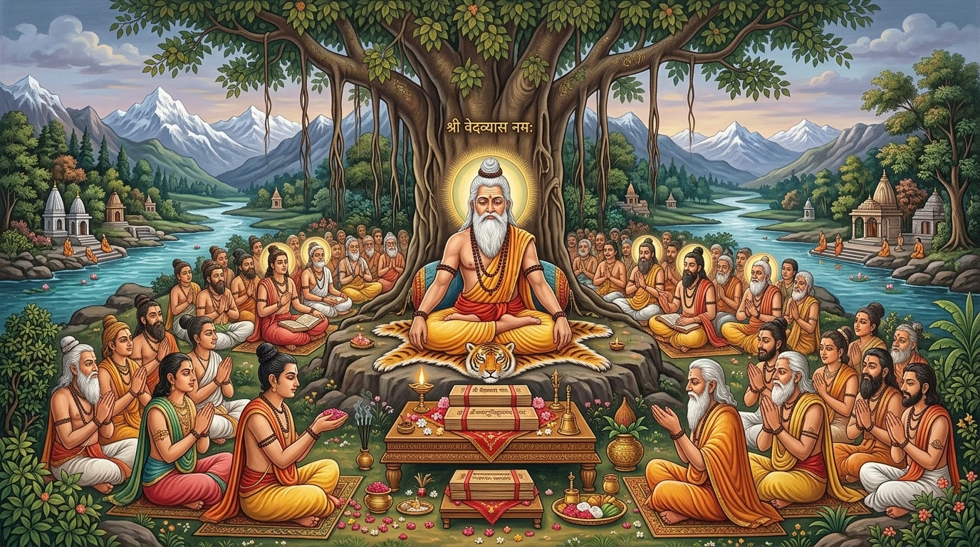 Maharṣi Vedavyāsa beneath the banyan tree at Badarikāśrama surrounded by the four Vedas and disciples
