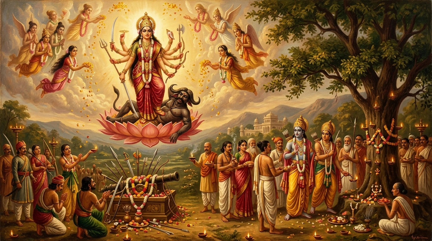 Classical oil painting of triumphant Goddess Aparajita Durga standing over vanquished Mahishasura while King Rama performs Shami tree puja