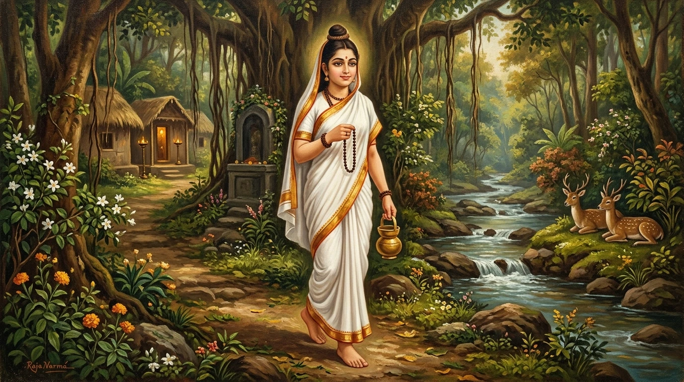 Classical oil painting of Goddess Brahmacharini walking barefoot through a serene forest holding rudraksha mala and kamandalu