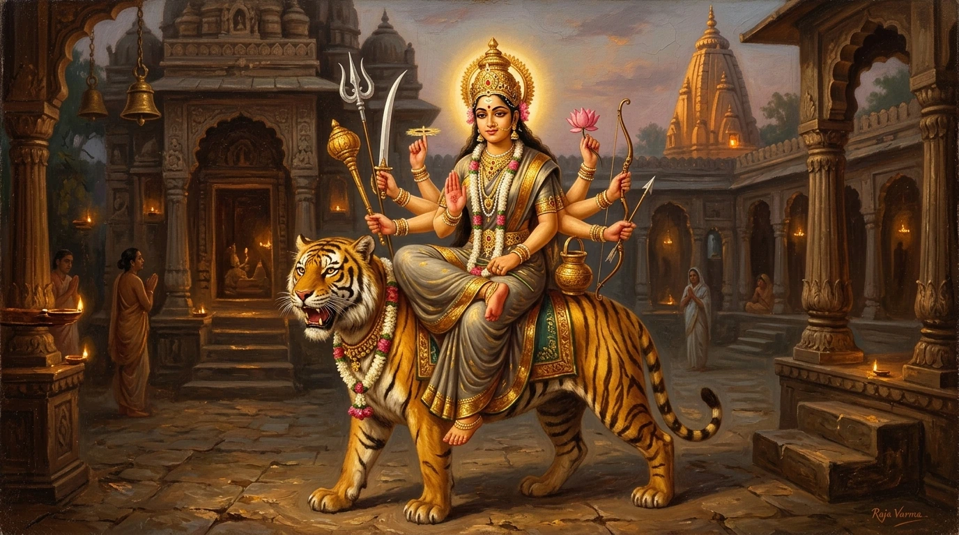 Classical oil painting of Goddess Chandraghanta riding a ferocious golden tiger with ten arms and a bell-shaped crescent moon on her forehead