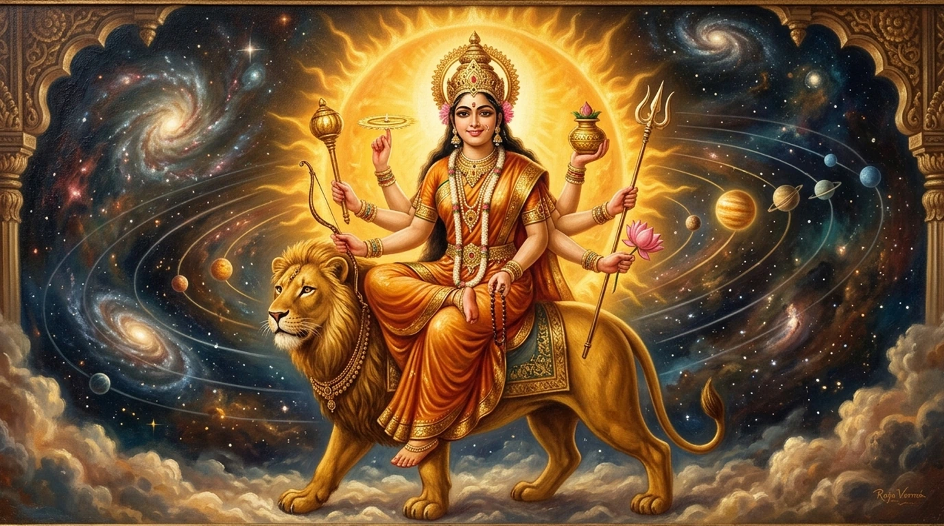 Classical oil painting of Goddess Kushmanda glowing with solar radiance creating the cosmic egg while riding a lioness with eight arms