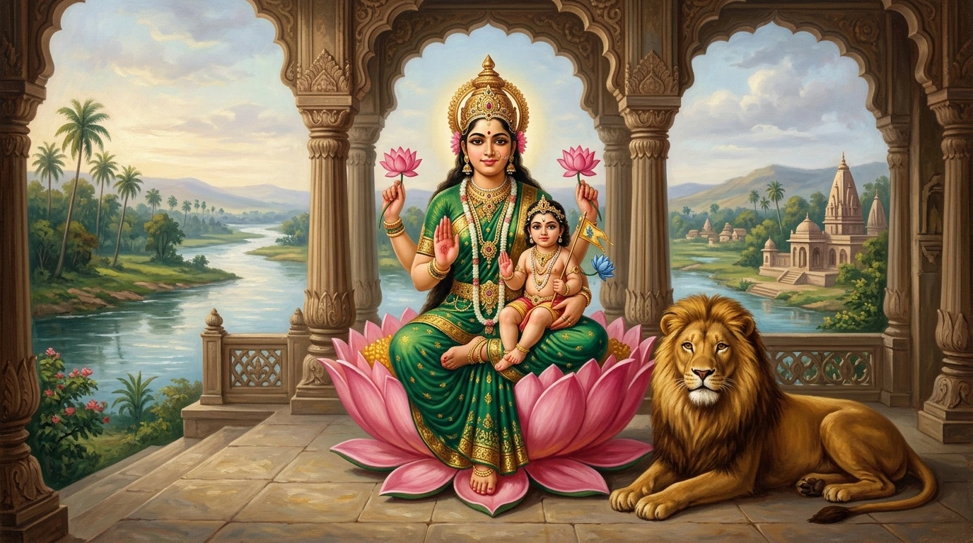 Classical oil painting of Goddess Skandamata seated on a pink lotus throne with infant Kartikeya in her lap and a lion by her side