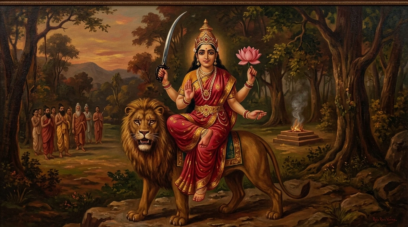 Classical oil painting of warrior Goddess Katyayani on a roaring lion brandishing Chandrahasa sword in a Vedic forest ashram