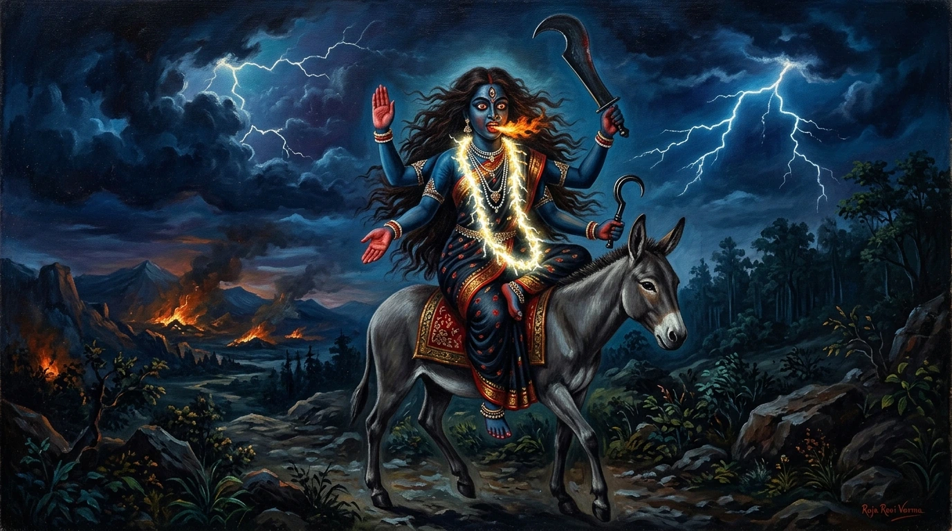 Classical oil painting of fierce Goddess Kalaratri with three fiery eyes, disheveled hair, breathing fire and riding a donkey in a stormy midnight sky