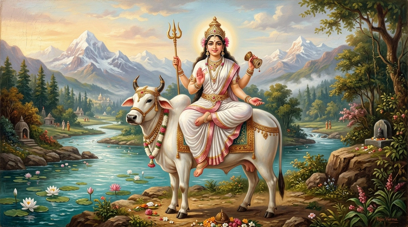 Classical oil painting of serene Goddess Mahagauri in pure white robes on a white bull holding trishula and damaru by the crystal waters of Ganga