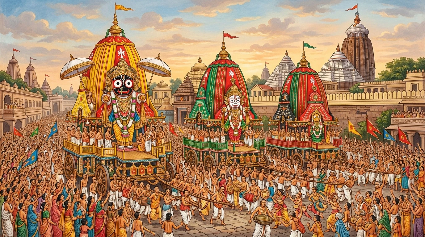 Lord Jagannātha, Balabhadra, and Subhadrā on the three colossal temple chariots drawn by thousands of devotees in Purī