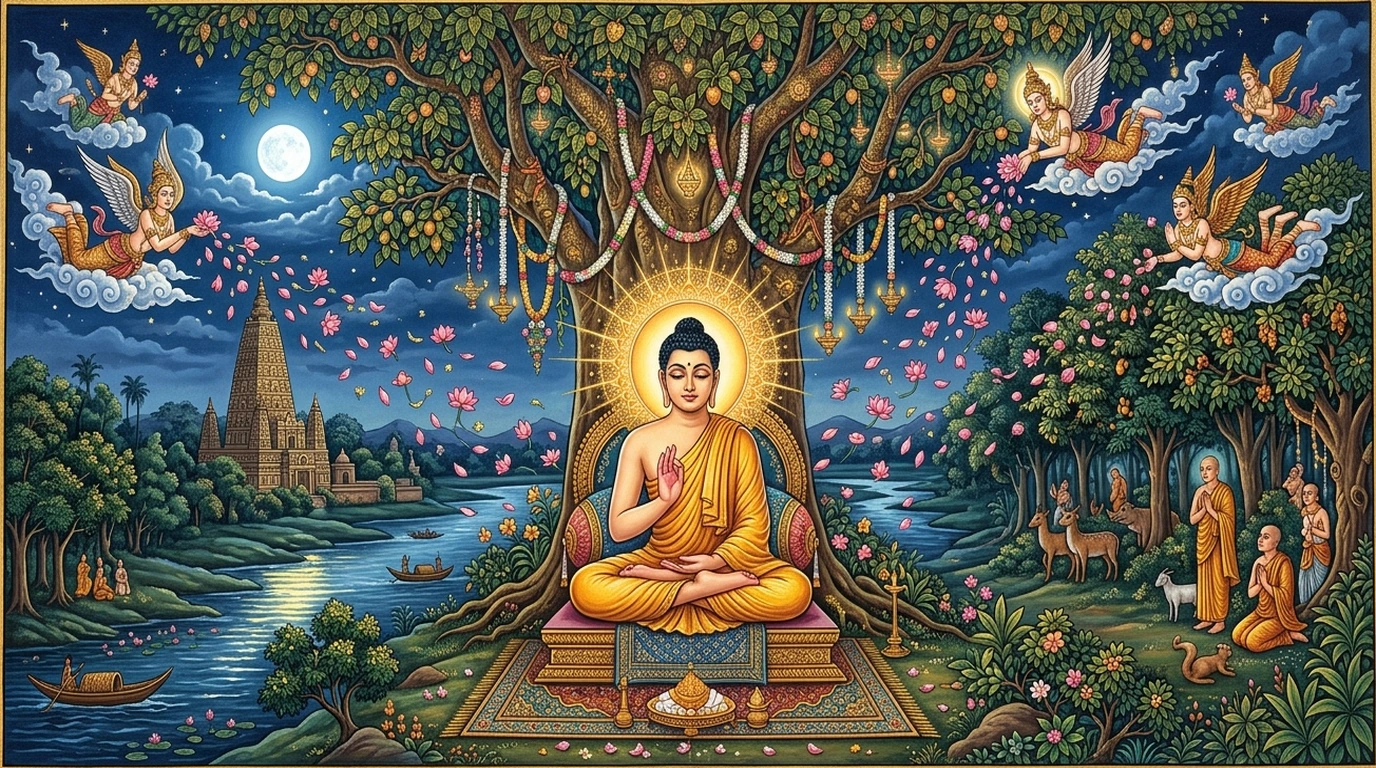 Gautama Buddha attaining Supreme Enlightenment in Bhūmisparśa mudrā beneath the Bodhi tree at Bodh Gayā